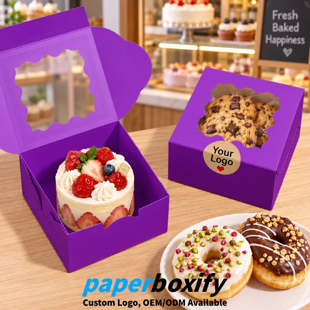 Purple Paper Cookie Boxes with Window and Stickers 4x4x2.5 inch
