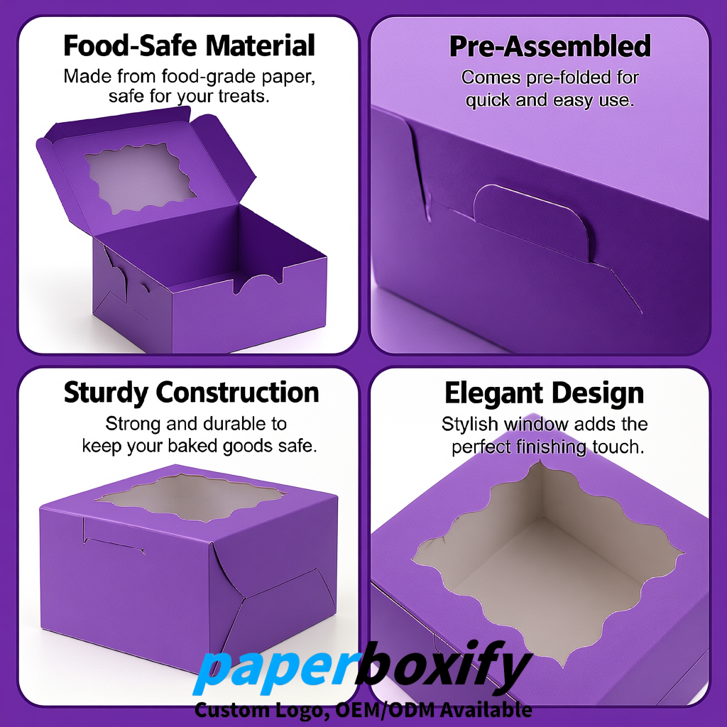 Purple Paper Cookie Boxes with Window and Stickers 4x4x2.5 inch