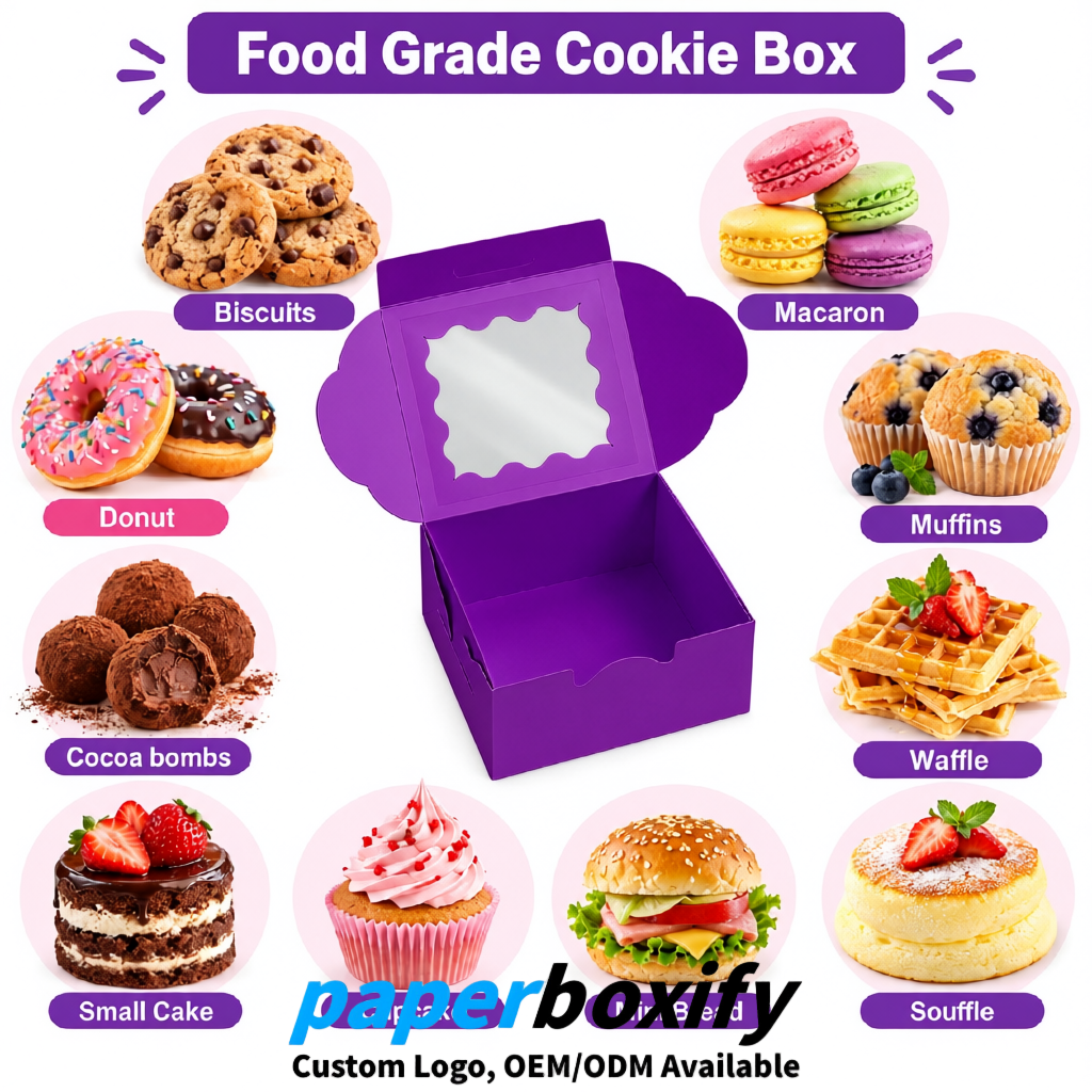 Purple Paper Cookie Boxes with Window and Stickers 4x4x2.5 inch