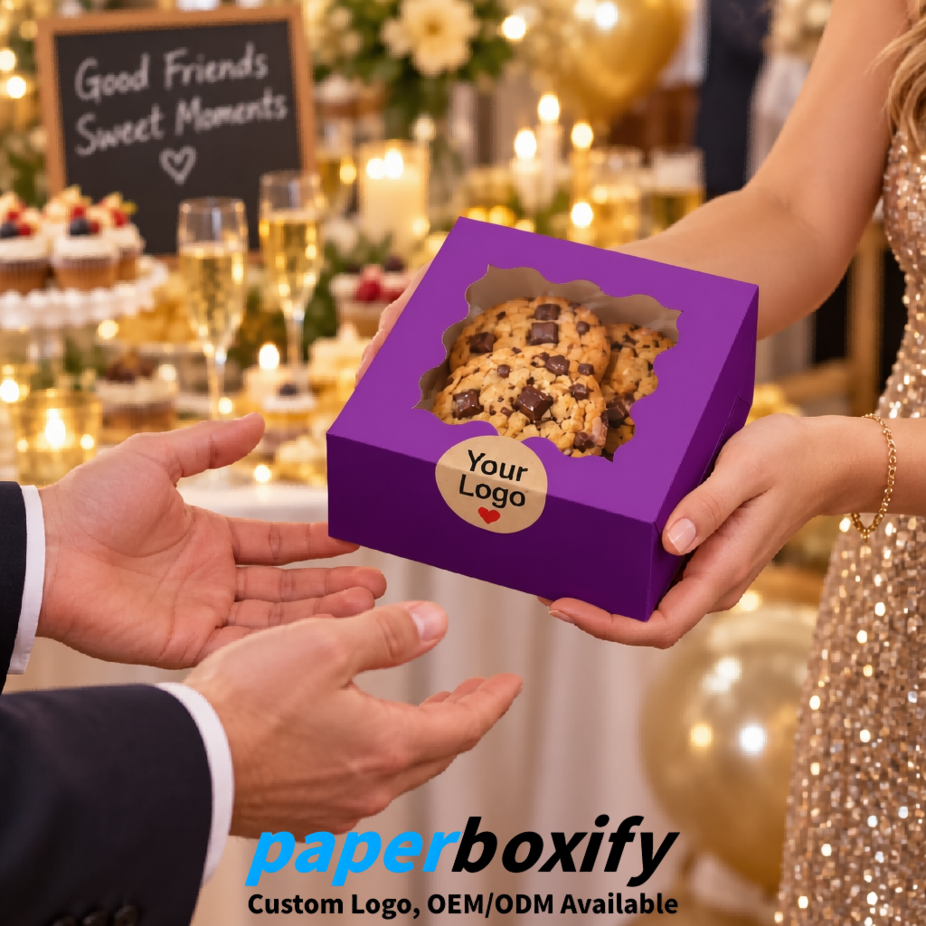 Purple Paper Cookie Boxes with Window and Stickers 4x4x2.5 inch Purple Paper Cookie Boxes with Window and Stickers 4x4x2.5 inch