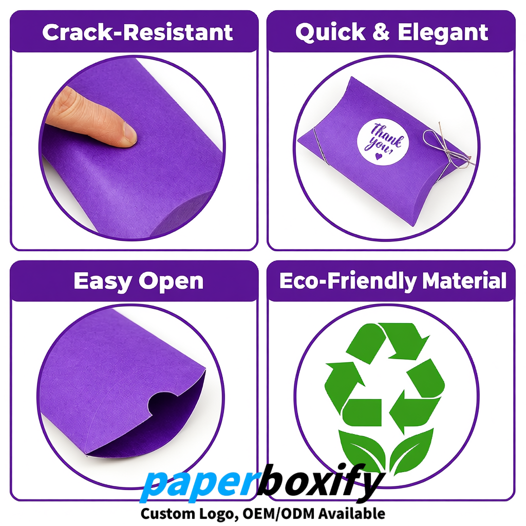 Bulk Purple Kraft Pillow Gift Boxes with Ties 4.7x3x1 inch for Candy & Favors