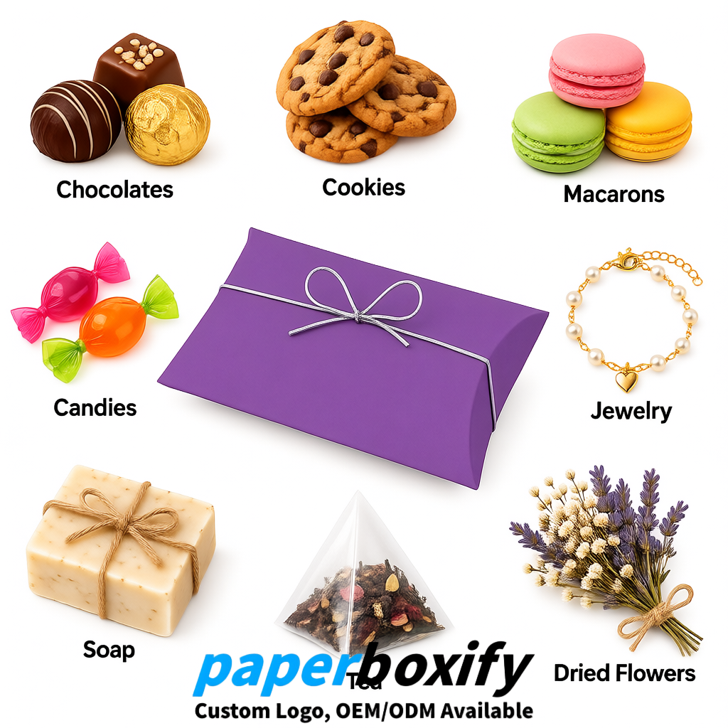 Bulk Purple Kraft Pillow Gift Boxes with Ties 4.7x3x1 inch for Candy & Favors