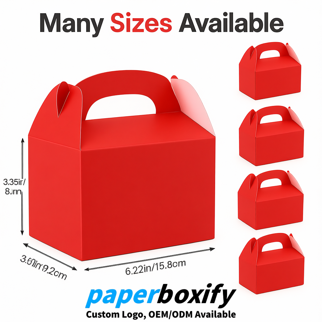 Red Gable Boxes with Handles 6.22x3.35x3.62 inch Kraft Paper Party Favors Boxes in Bulk