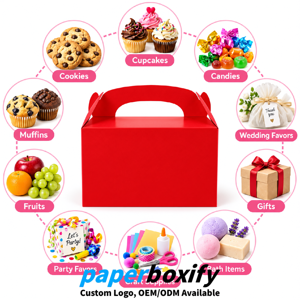 Red Gable Boxes with Handles 6.22x3.35x3.62 inch Kraft Paper Party Favors Boxes in Bulk
