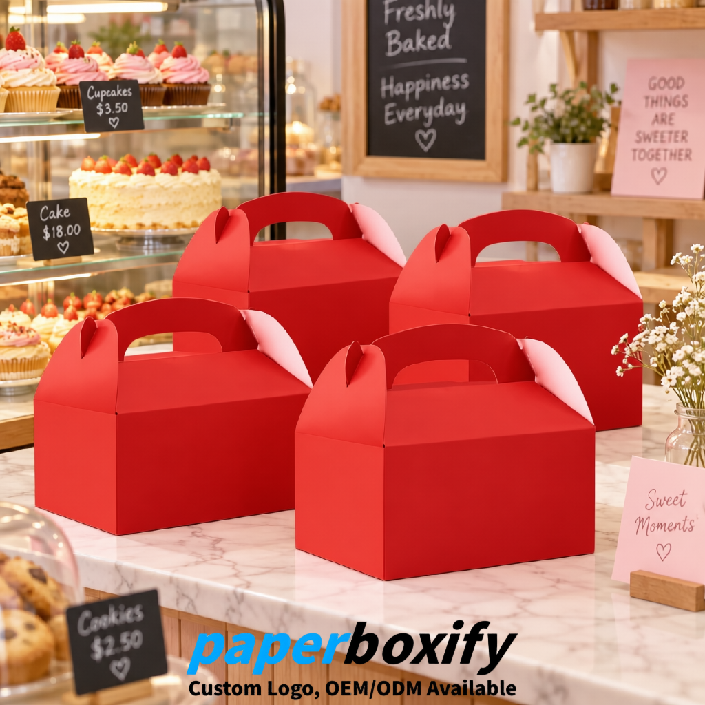 Red Gable Boxes with Handles 6.22x3.35x3.62 inch Kraft Paper Party Favors Boxes in Bulk