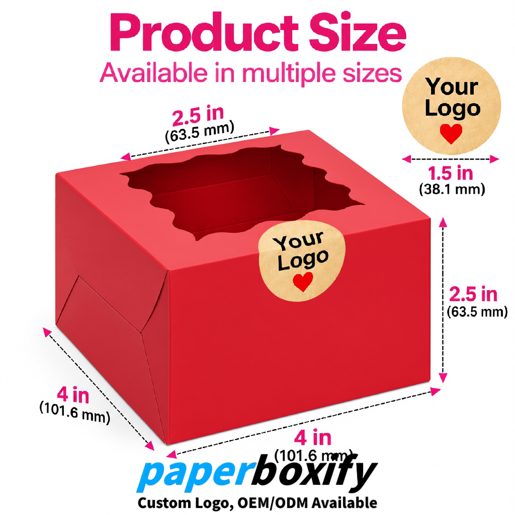 Red Paper Cookie Boxes with Window and Stickers 4x4x2.5 inch