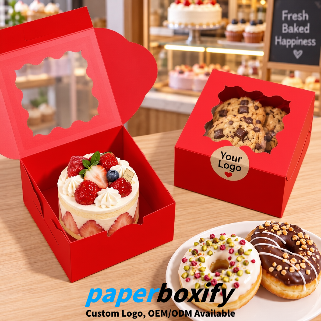 Red Paper Cookie Boxes with Window and Stickers 4x4x2.5 inch