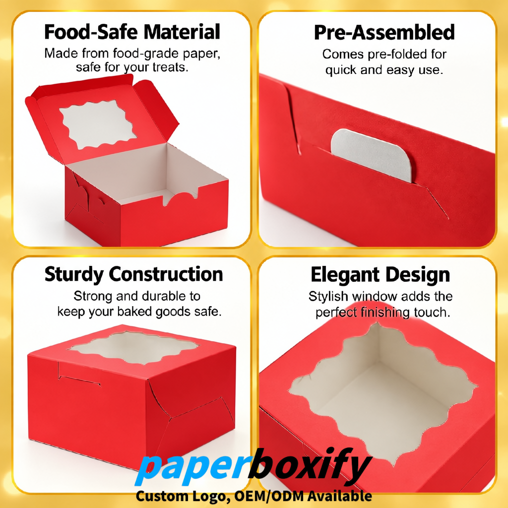 Red Paper Cookie Boxes with Window and Stickers 4x4x2.5 inch