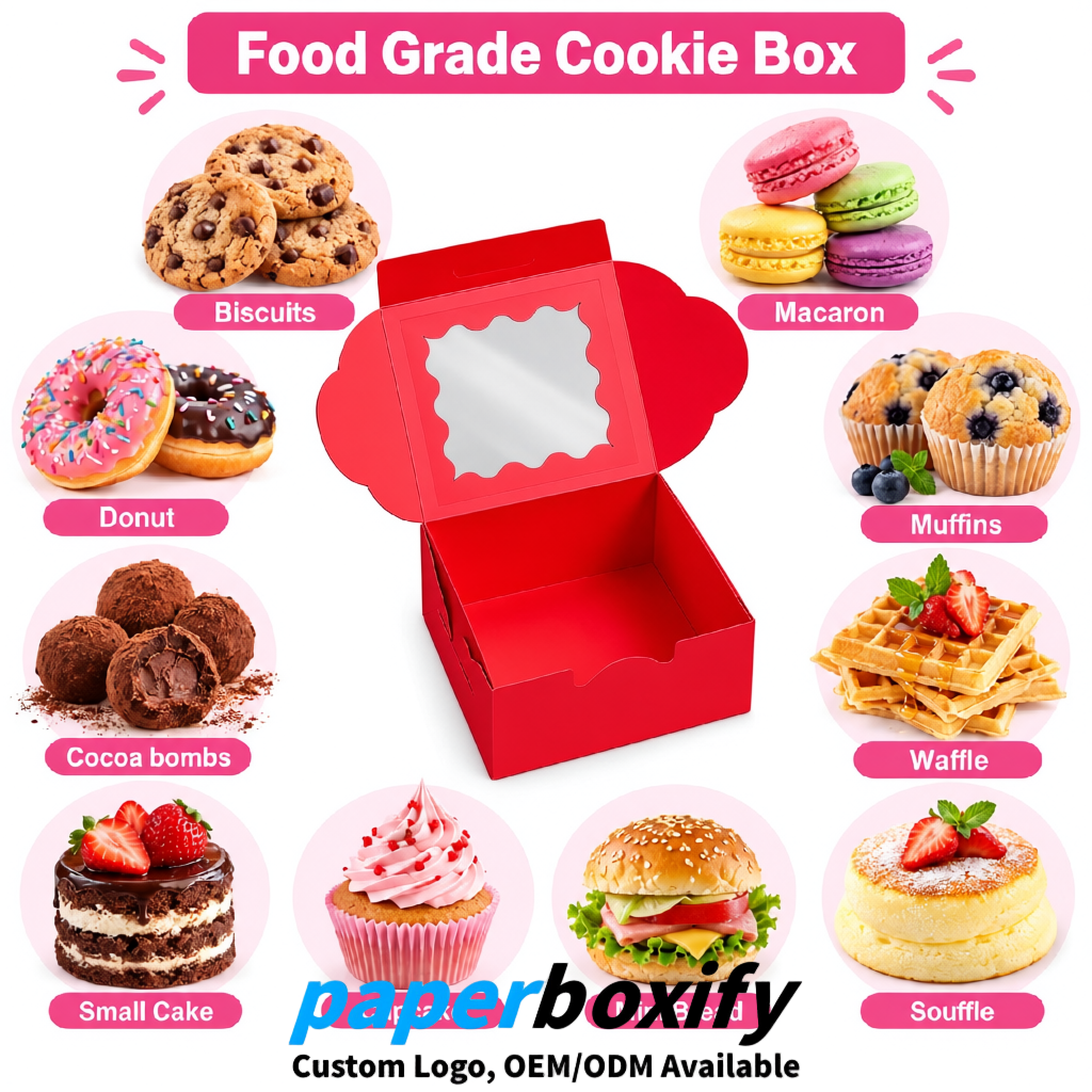 Red Paper Cookie Boxes with Window and Stickers 4x4x2.5 inch