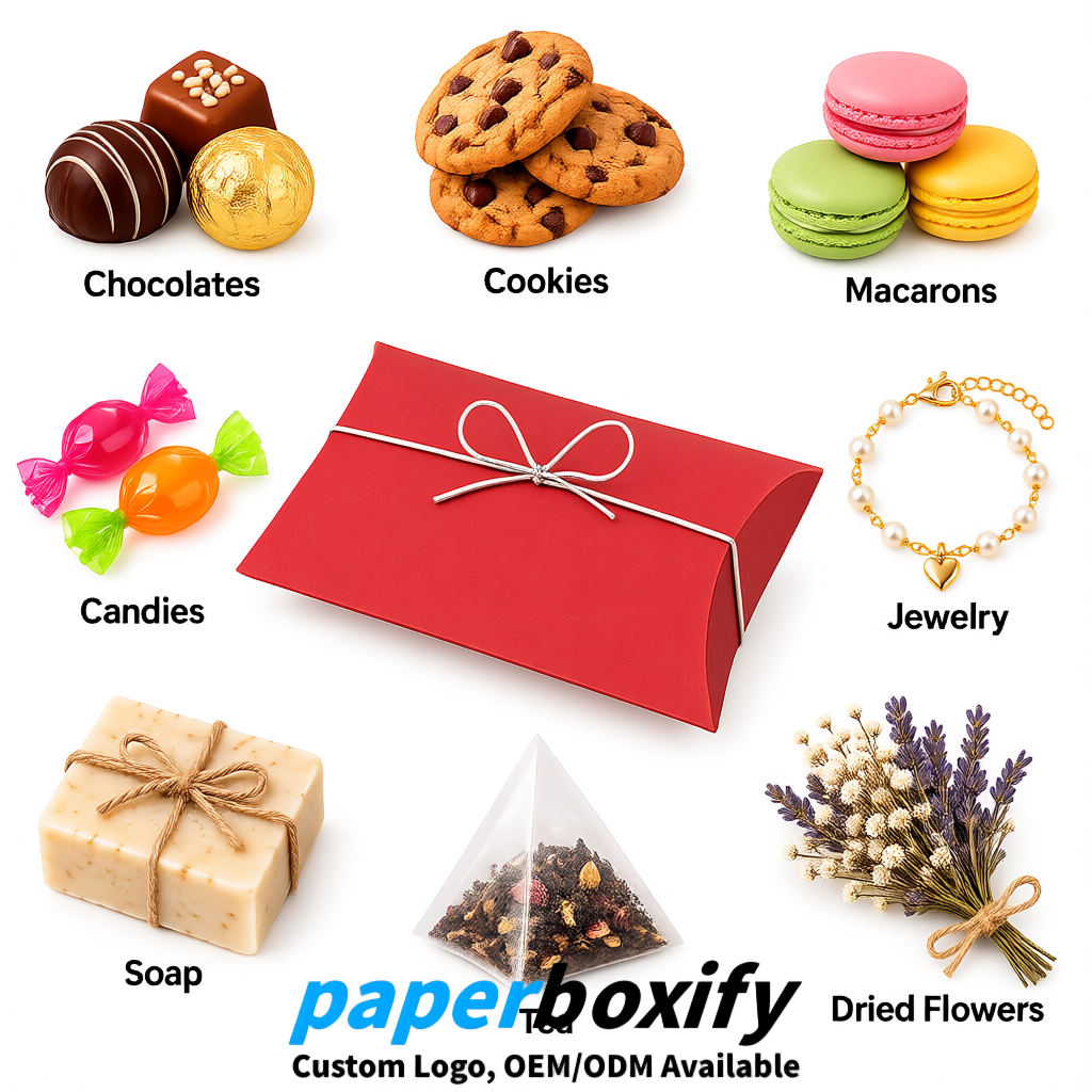 Bulk Red Kraft Pillow Gift Boxes with Ties 4.7x3x1 inch for Candy & Favors