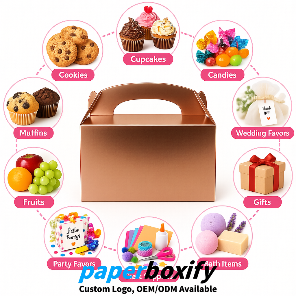 Rose Gold Gable Boxes with Handles 6.22x3.35x3.62 inch Kraft Paper Party Favors Boxes in Bulk