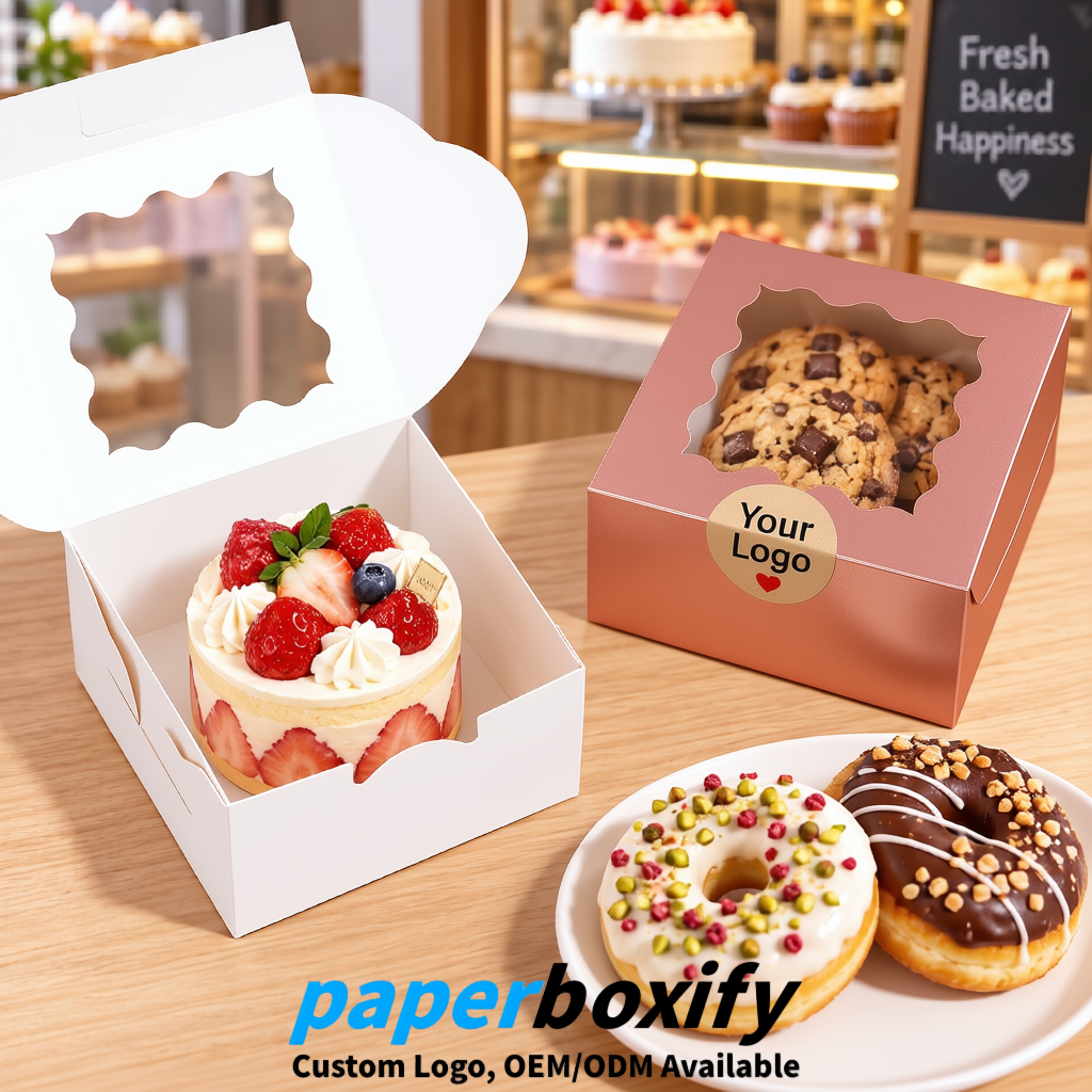 Rose Gold Paper Cookie Boxes with Window and Stickers 4x4x2.5 inch
