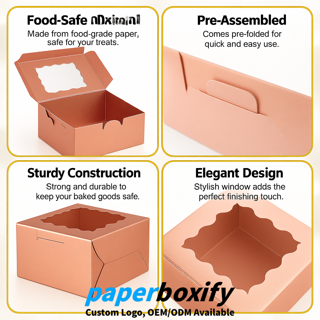 Rose Gold Paper Cookie Boxes with Window and Stickers 4x4x2.5 inch