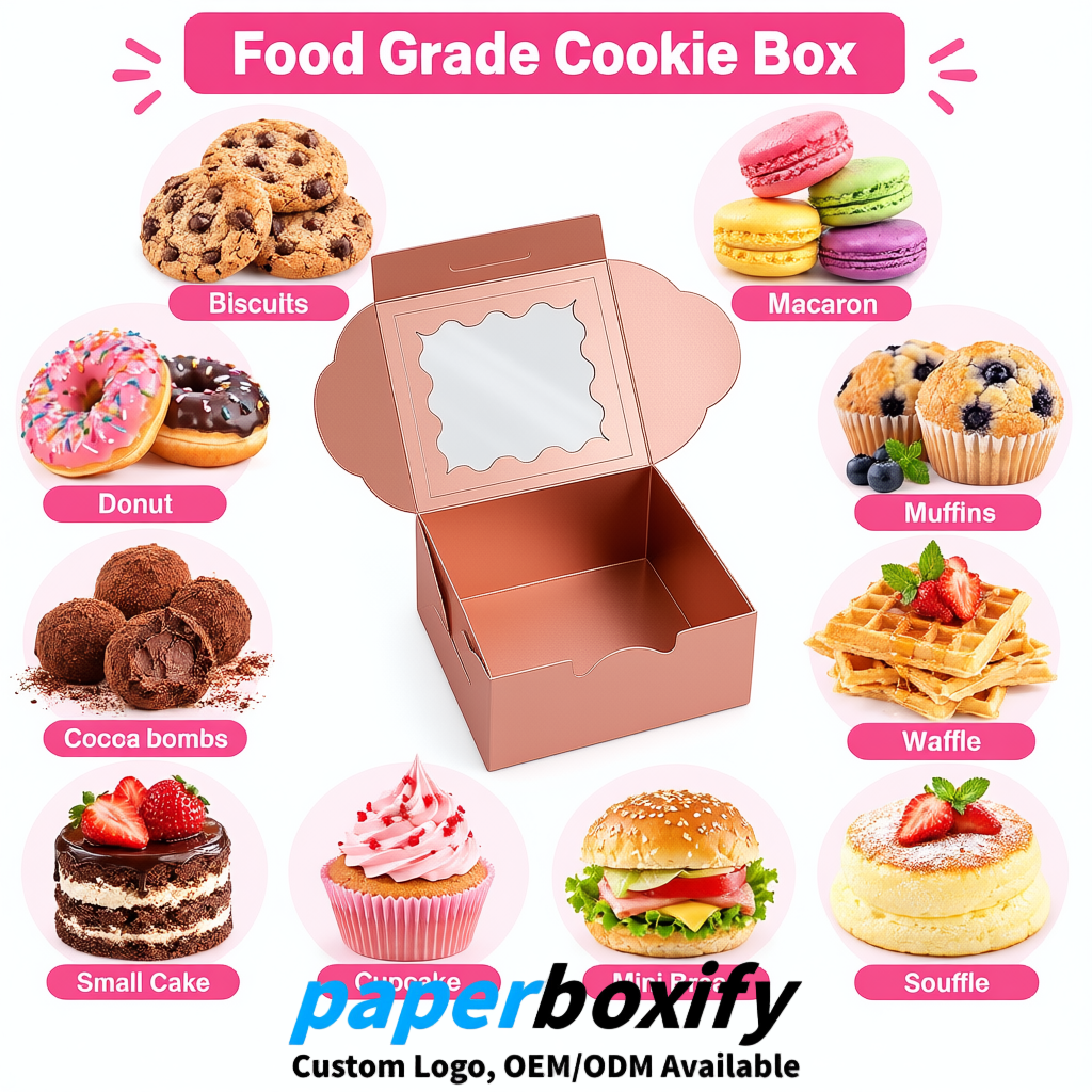 Rose Gold Paper Cookie Boxes with Window and Stickers 4x4x2.5 inch