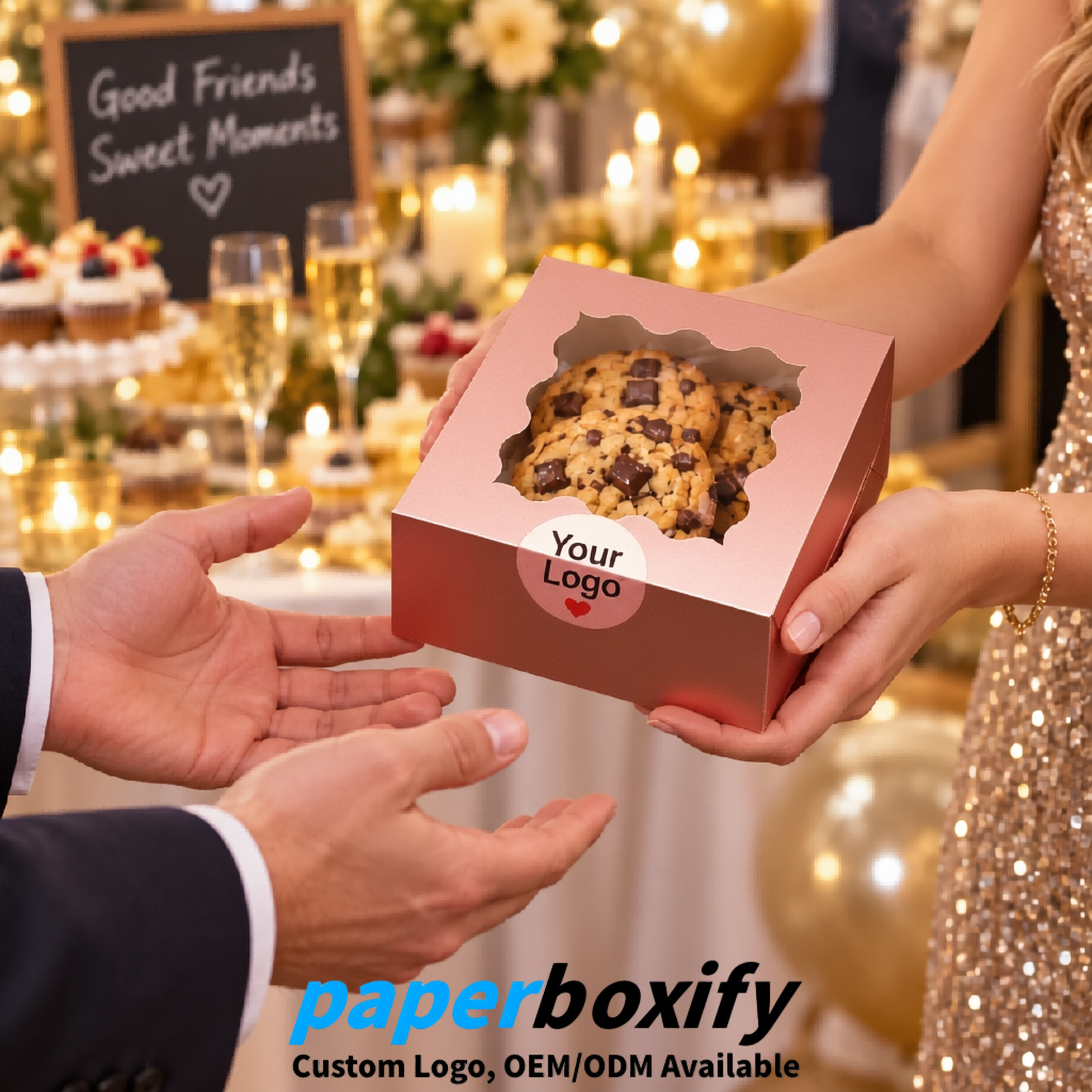 Rose Gold Paper Cookie Boxes with Window and Stickers 4x4x2.5 inch
