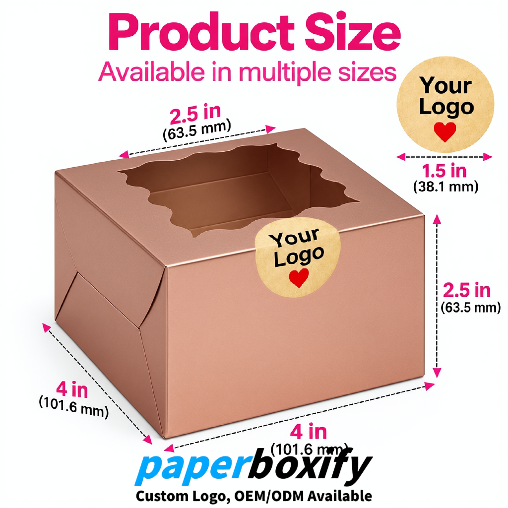 Rose Gold Paper Cookie Boxes with Window and Stickers 4x4x2.5 inch