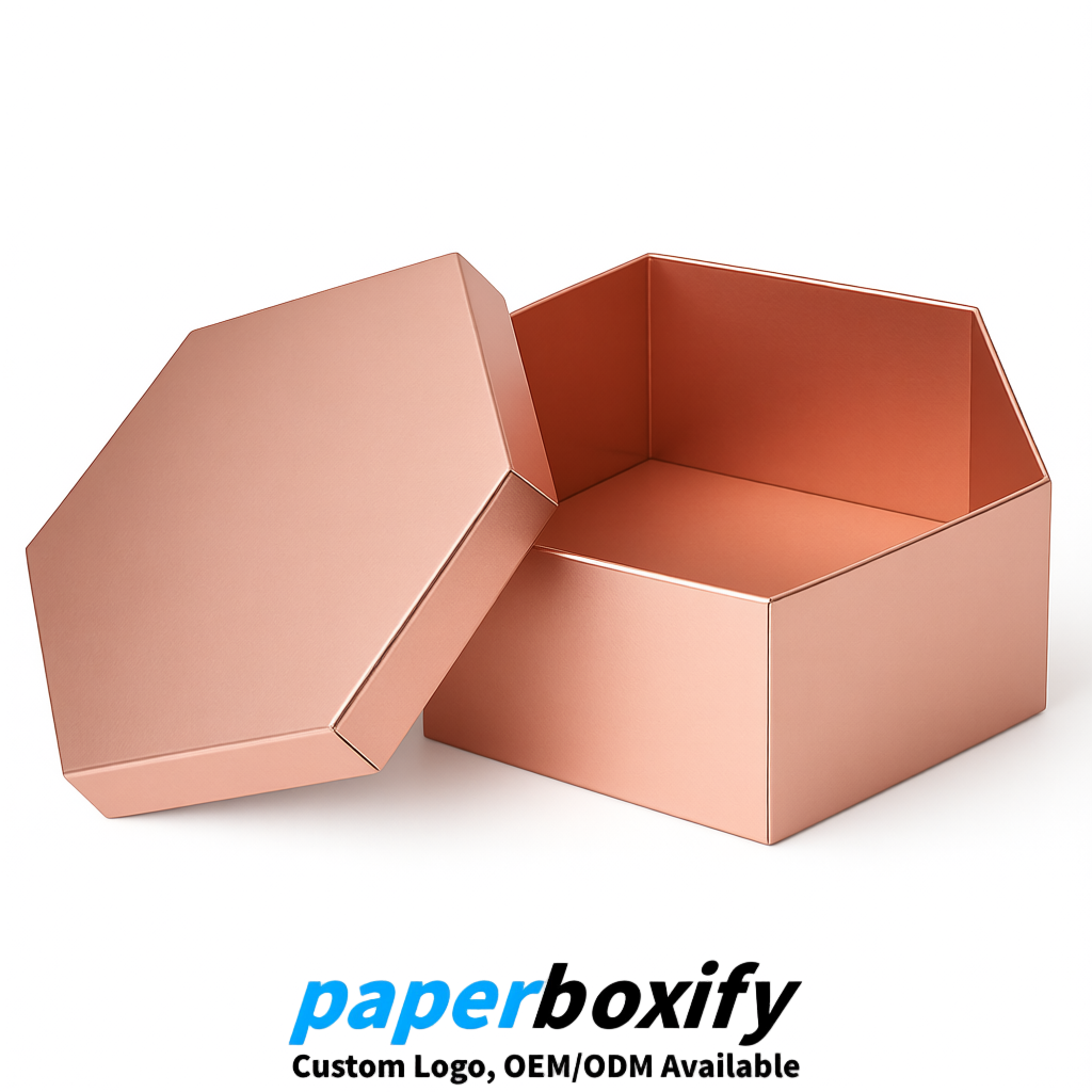 Rose Gold Paper Hexagon Box with Lid - Biodegrade Paper Mache Gift Boxes Manufacturer