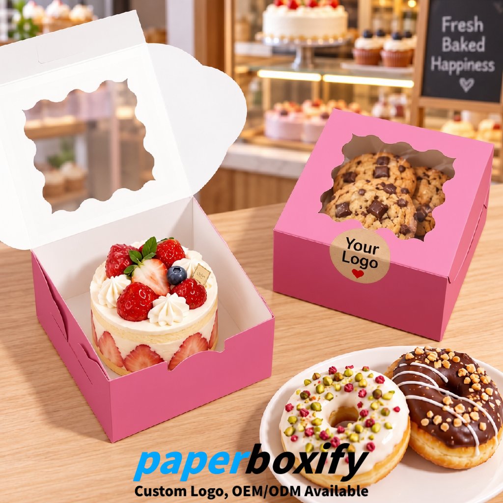 Rose Pink Paper Cookie Boxes with Window and Stickers 4x4x2.5 inch