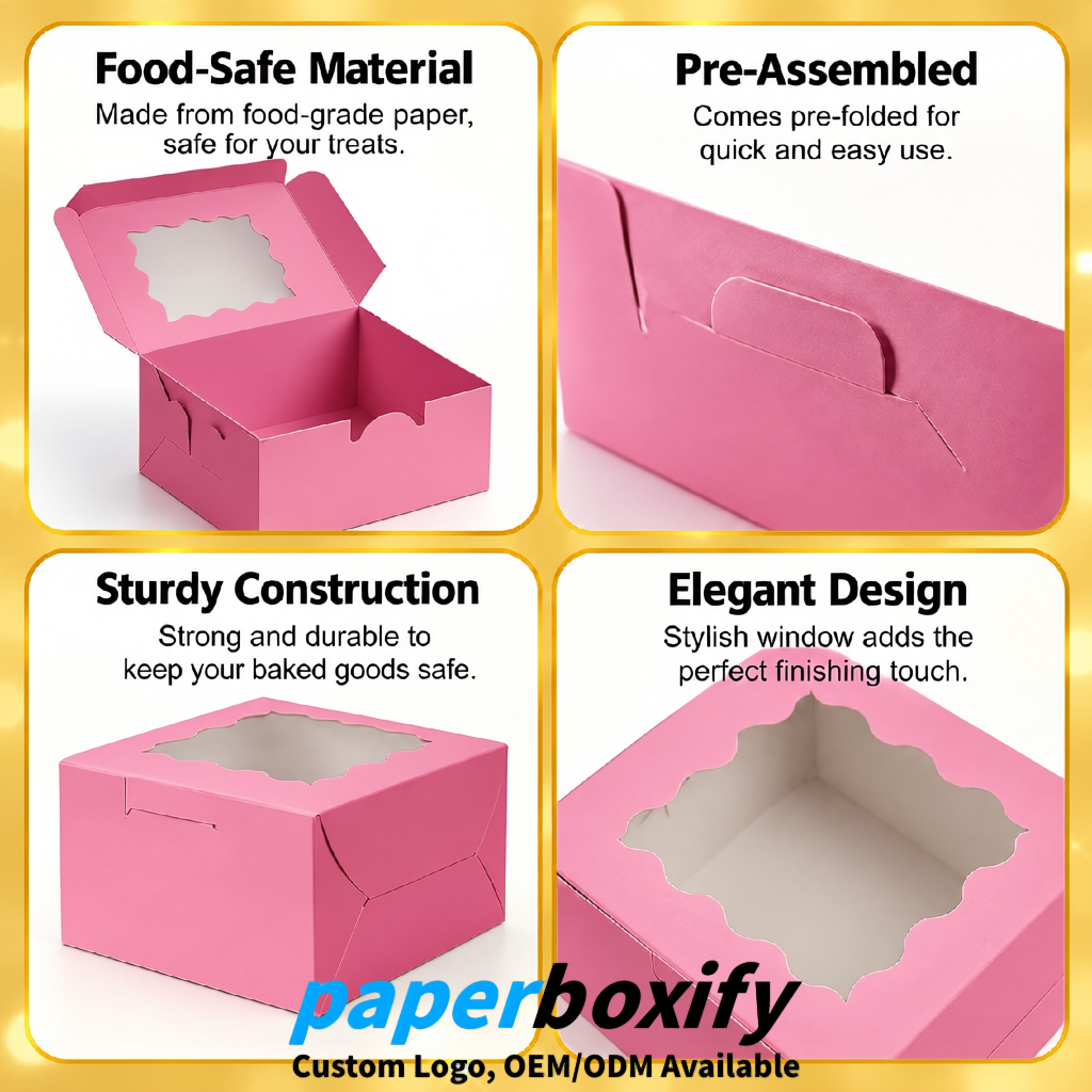 Rose Pink Paper Cookie Boxes with Window and Stickers 4x4x2.5 inch