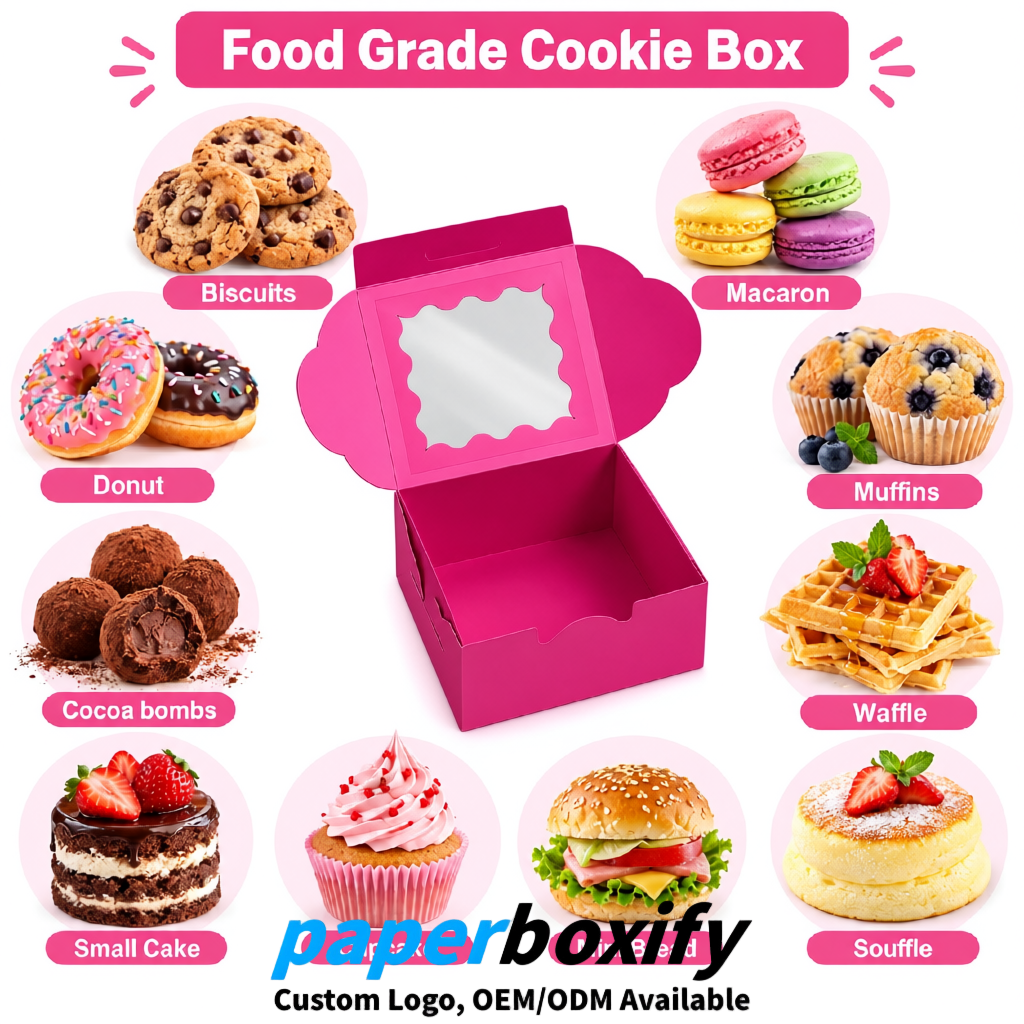 Rose Pink Paper Cookie Boxes with Window and Stickers 4x4x2.5 inch