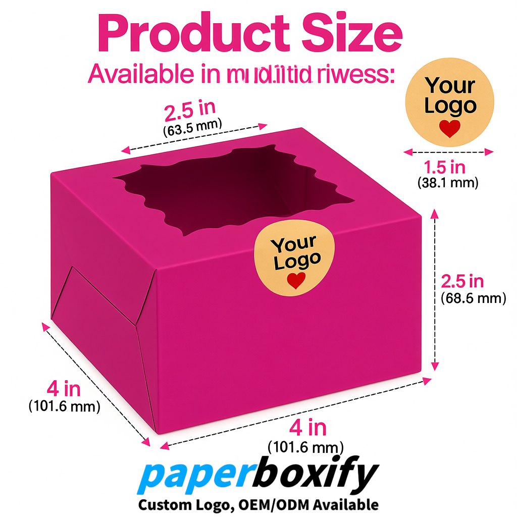 Rose Pink Paper Cookie Boxes with Window and Stickers 4x4x2.5 inch