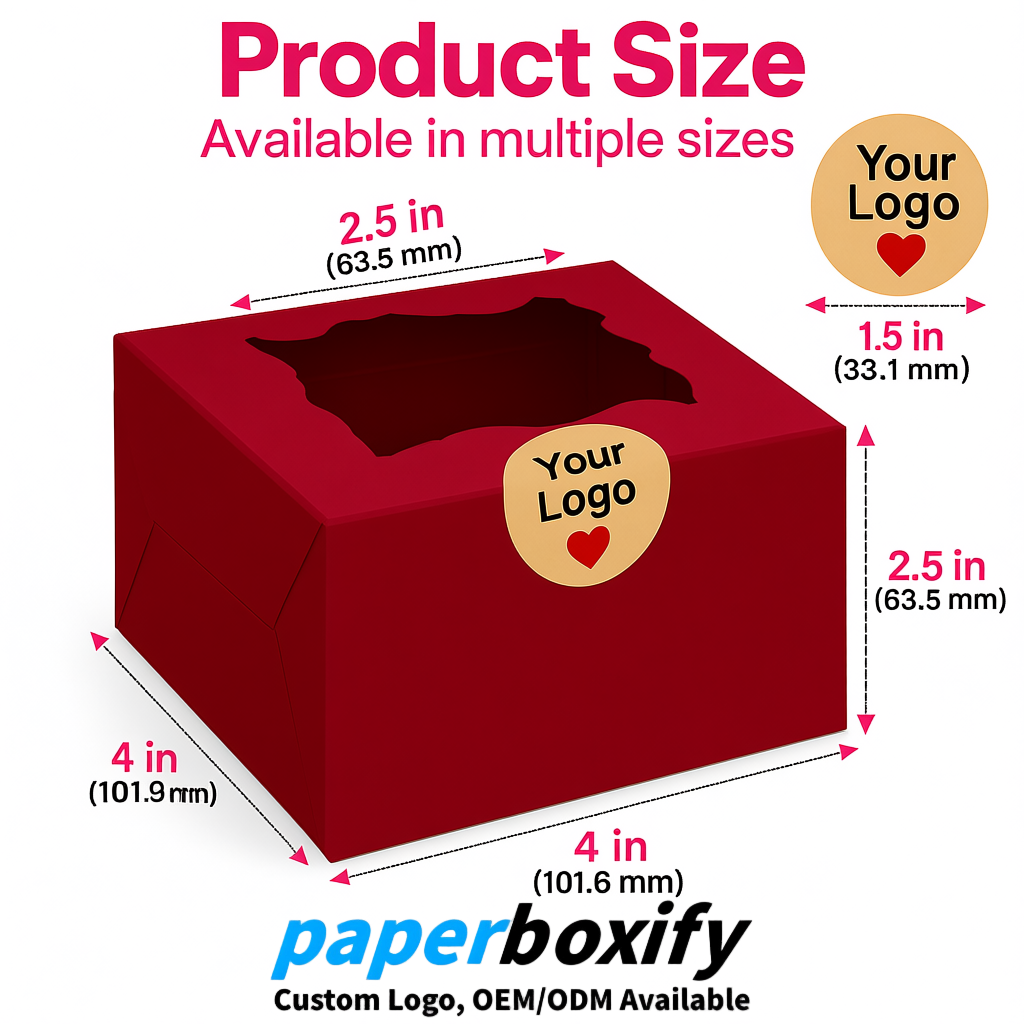 Scarlet Paper Cookie Boxes with Window and Stickers 4x4x2.5 inch