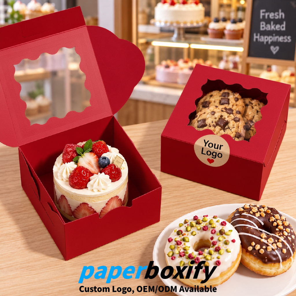 Scarlet Paper Cookie Boxes with Window and Stickers 4x4x2.5 inch