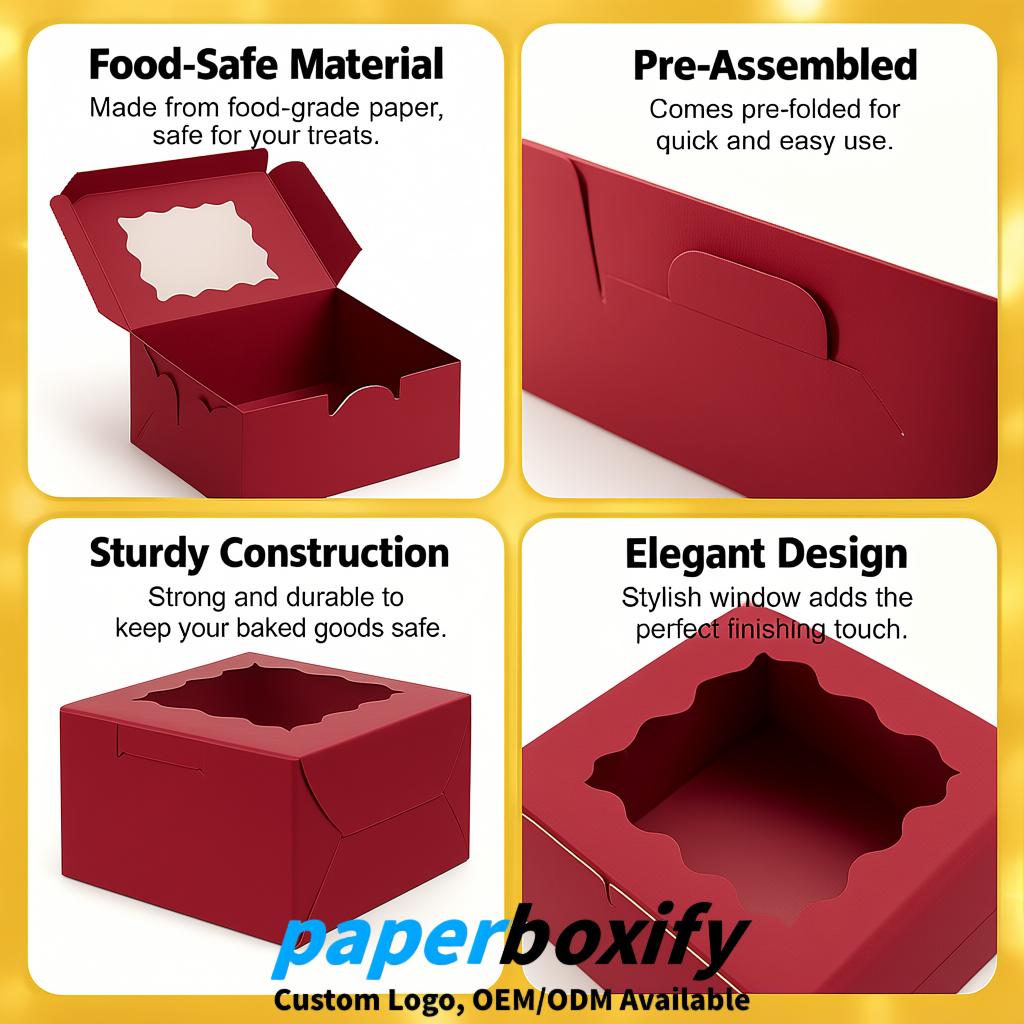 Scarlet Paper Cookie Boxes with Window and Stickers 4x4x2.5 inch