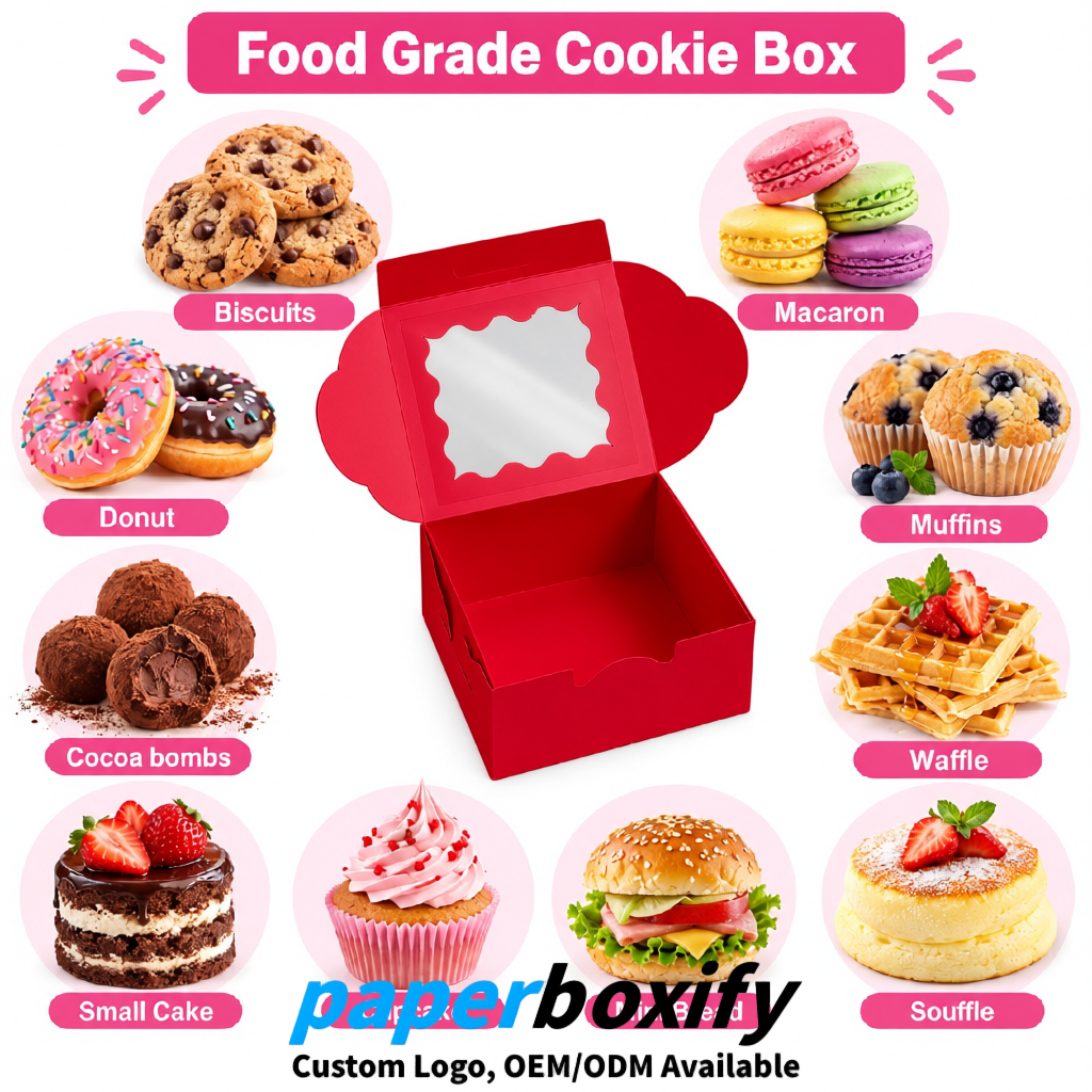 Scarlet Paper Cookie Boxes with Window and Stickers 4x4x2.5 inch