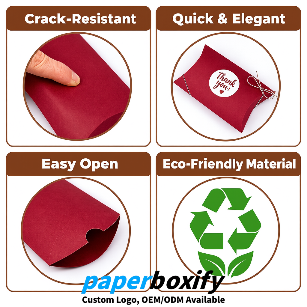 Bulk Scarlet Kraft Pillow Gift Boxes with Ties 4.7x3x1 inch for Candy & Favors
