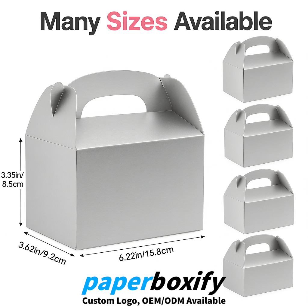 Silver Gable Boxes with Handles 6.22x3.35x3.62 inch Kraft Paper Party Favors Boxes in Bulk