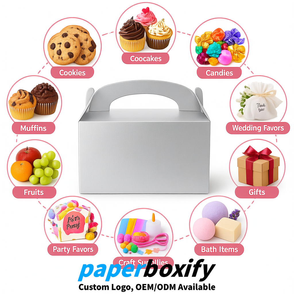 Silver Gable Boxes with Handles 6.22x3.35x3.62 inch Kraft Paper Party Favors Boxes in Bulk