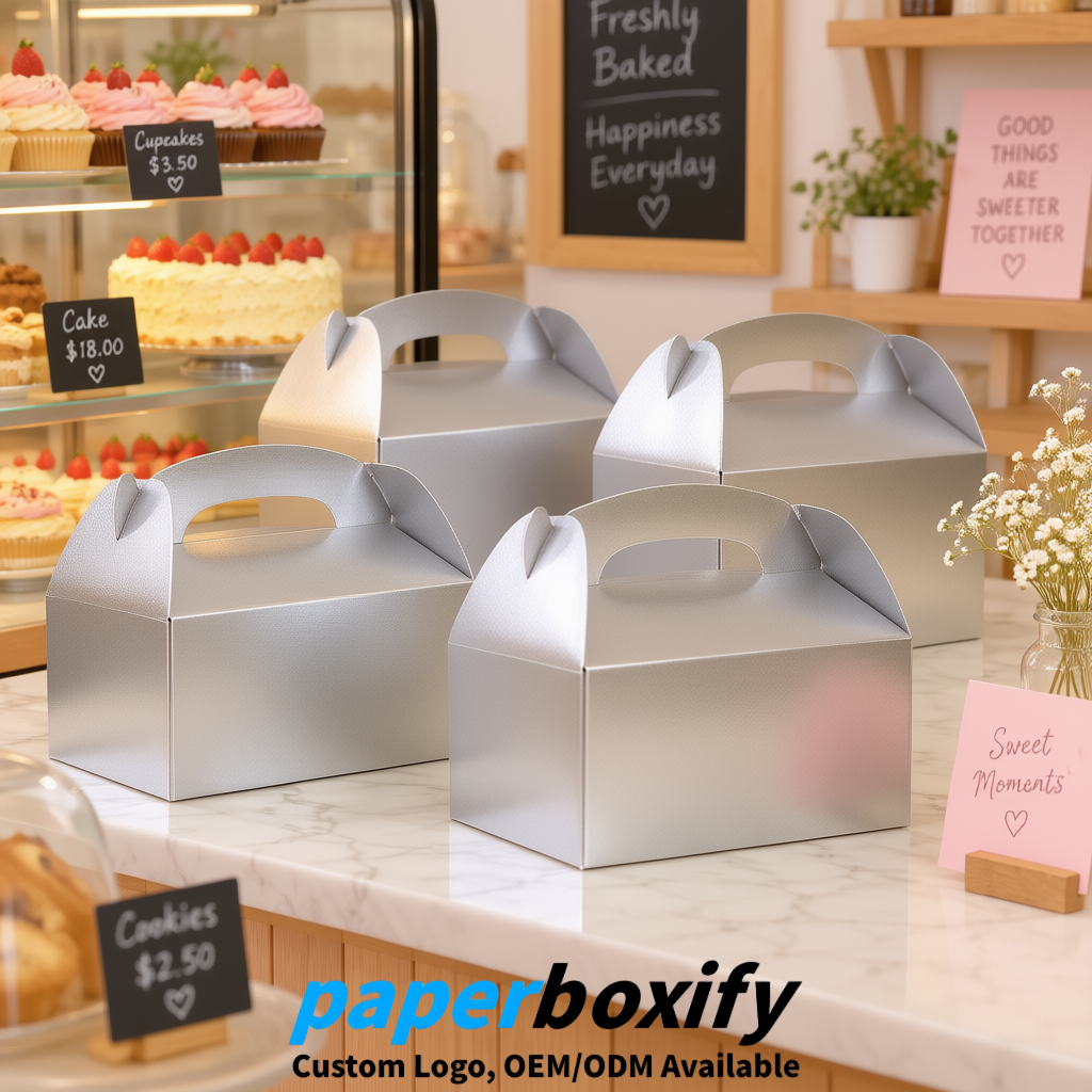 Silver Gable Boxes with Handles 6.22x3.35x3.62 inch Kraft Paper Party Favors Boxes in Bulk
