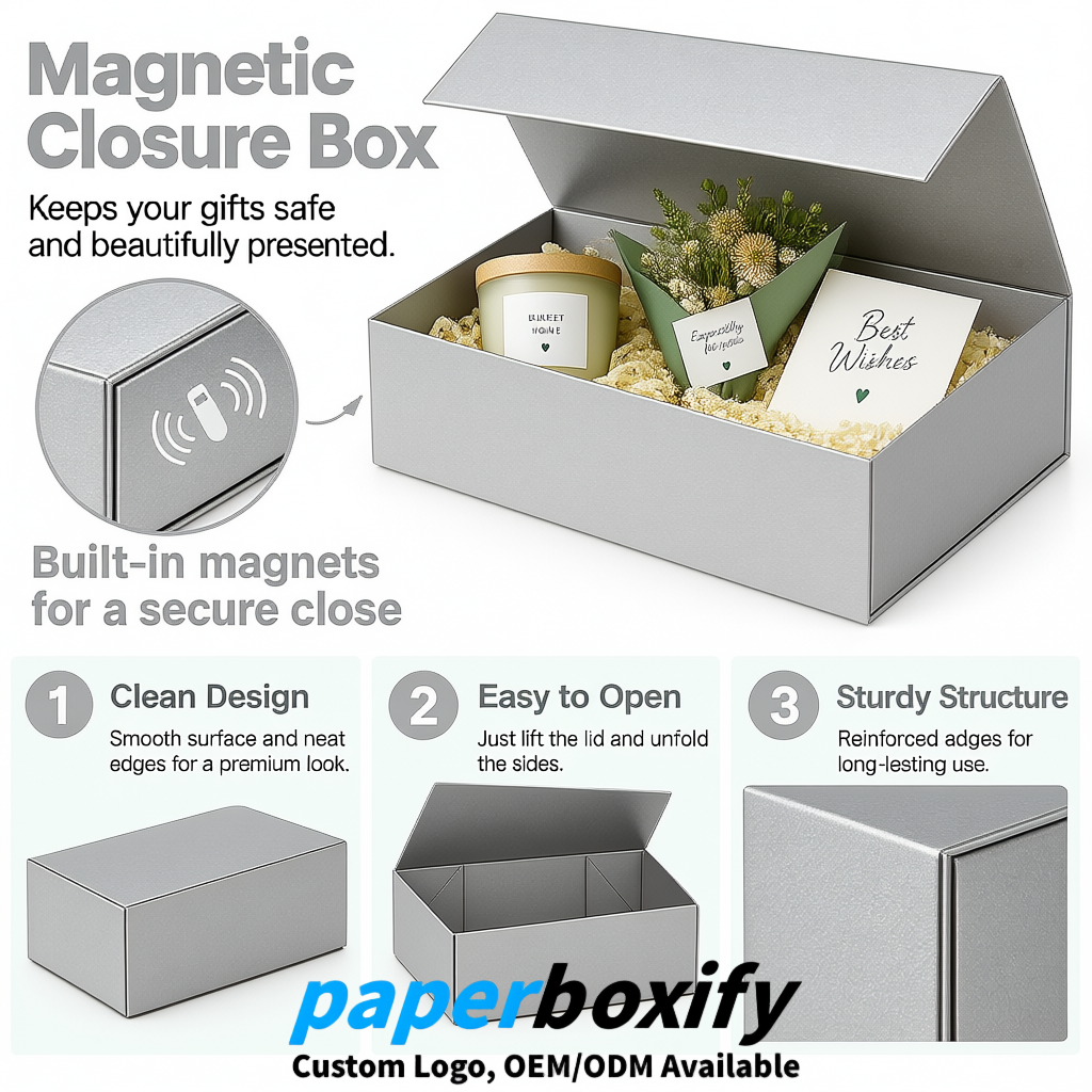 Silver Magnetic Closure Gift Box with Ribbon 13.8x9x4.3 inch Luxury Large Storage Box Silver Magnetic Closure Gift Box with Ribbon 13.8x9x4.3 inch Luxury Large Storage Box