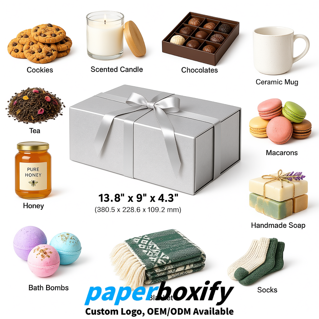 Silver Magnetic Closure Gift Box​ with Ribbon 13.8x9x4.3 inch Luxury Large Storage Box