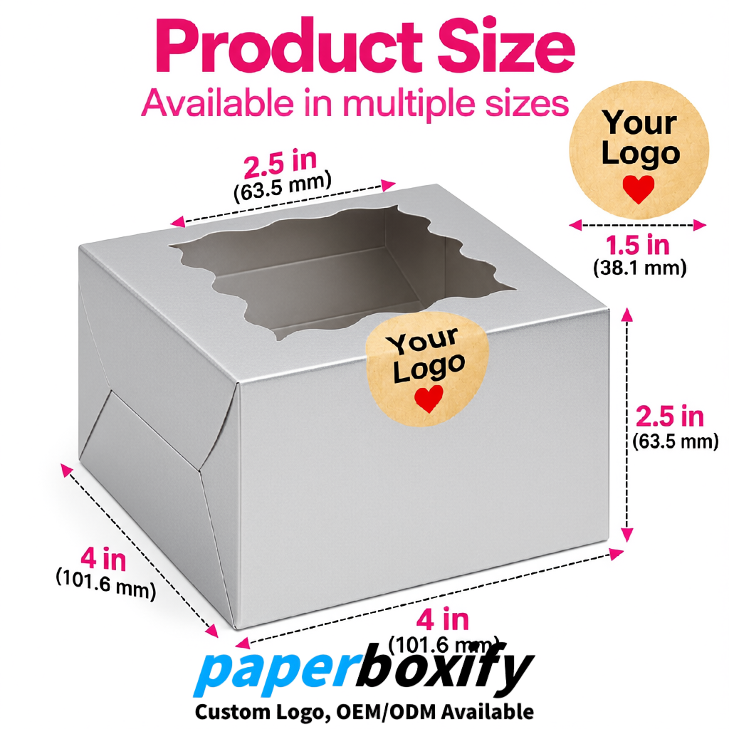 Silver Paper Cookie Boxes with Window and Stickers 4x4x2.5 inch