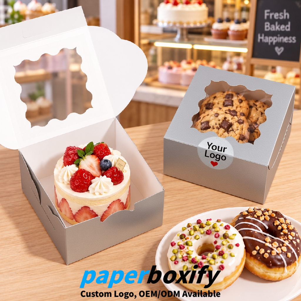 Silver Paper Cookie Boxes with Window and Stickers 4x4x2.5 inch