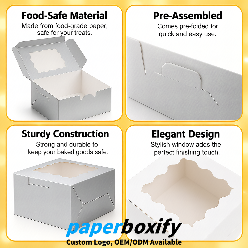 Silver Paper Cookie Boxes with Window and Stickers 4x4x2.5 inch