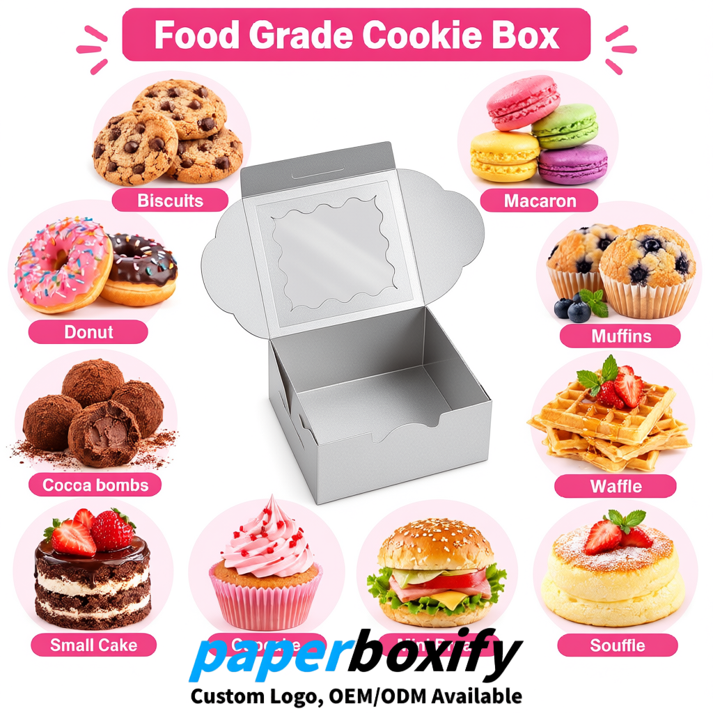Silver Paper Cookie Boxes with Window and Stickers 4x4x2.5 inch