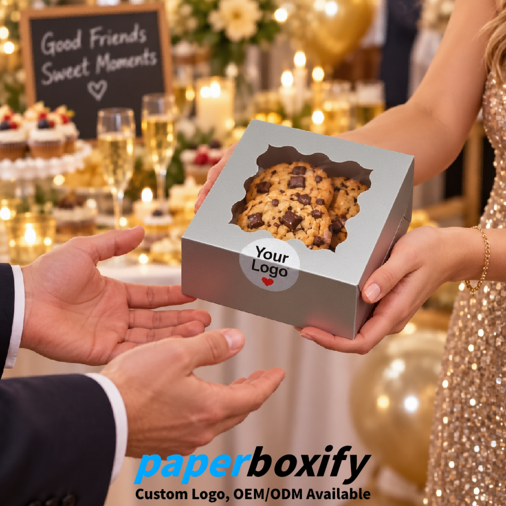 Silver Paper Cookie Boxes with Window and Stickers 4x4x2.5 inch