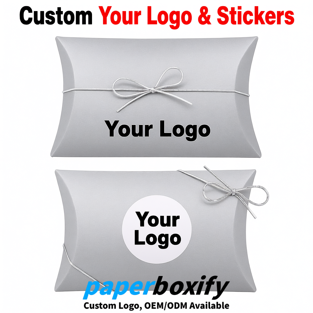 Bulk Silver Kraft Pillow Gift Boxes with Ties 4.7x3x1 inch for Candy & Favors