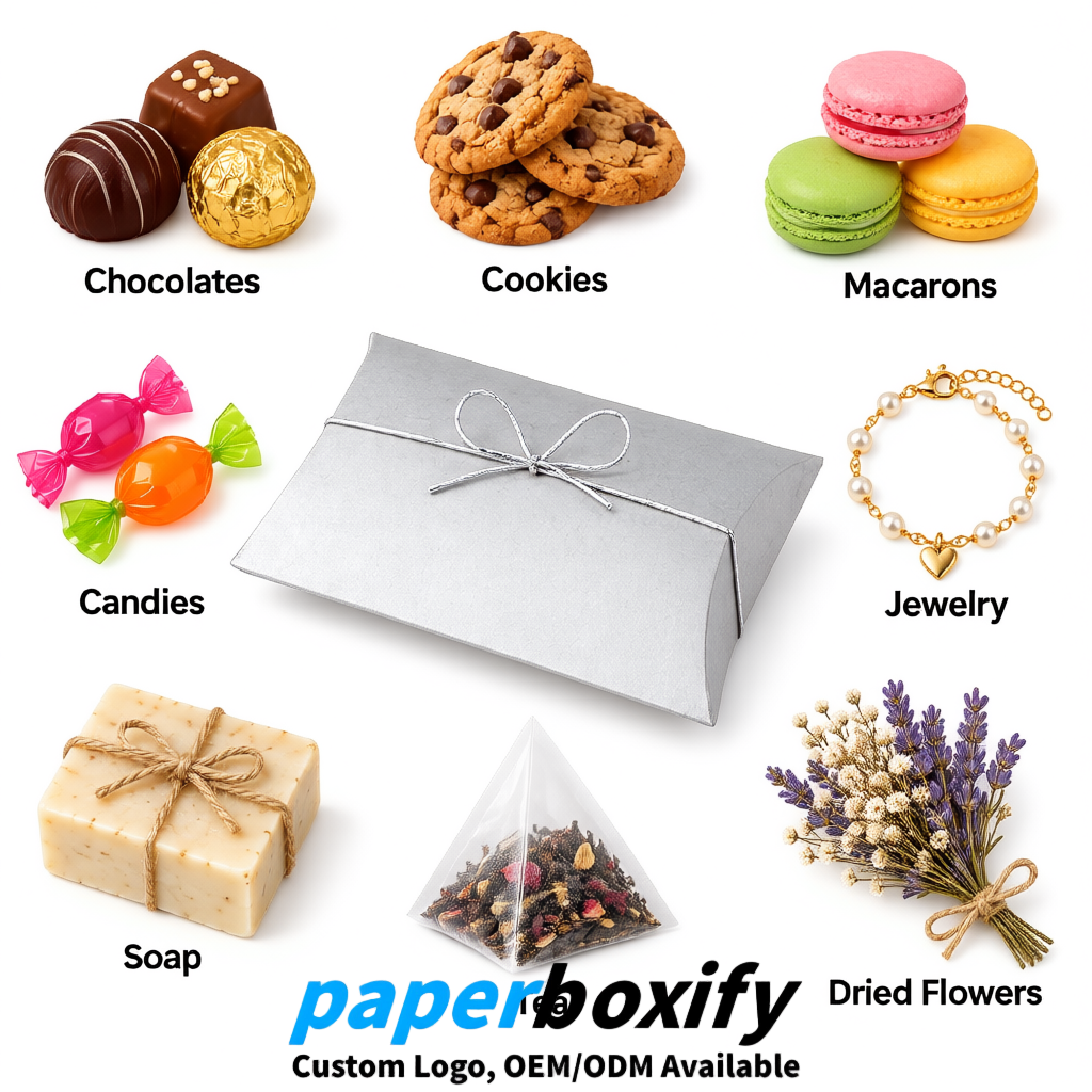 Bulk Silver Kraft Pillow Gift Boxes with Ties 4.7x3x1 inch for Candy & Favors