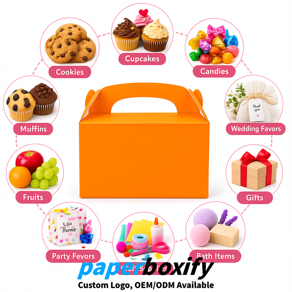 Tangerine Gable Boxes with Handles 6.22x3.35x3.62 inch Kraft Paper Party Favors Boxes in Bulk