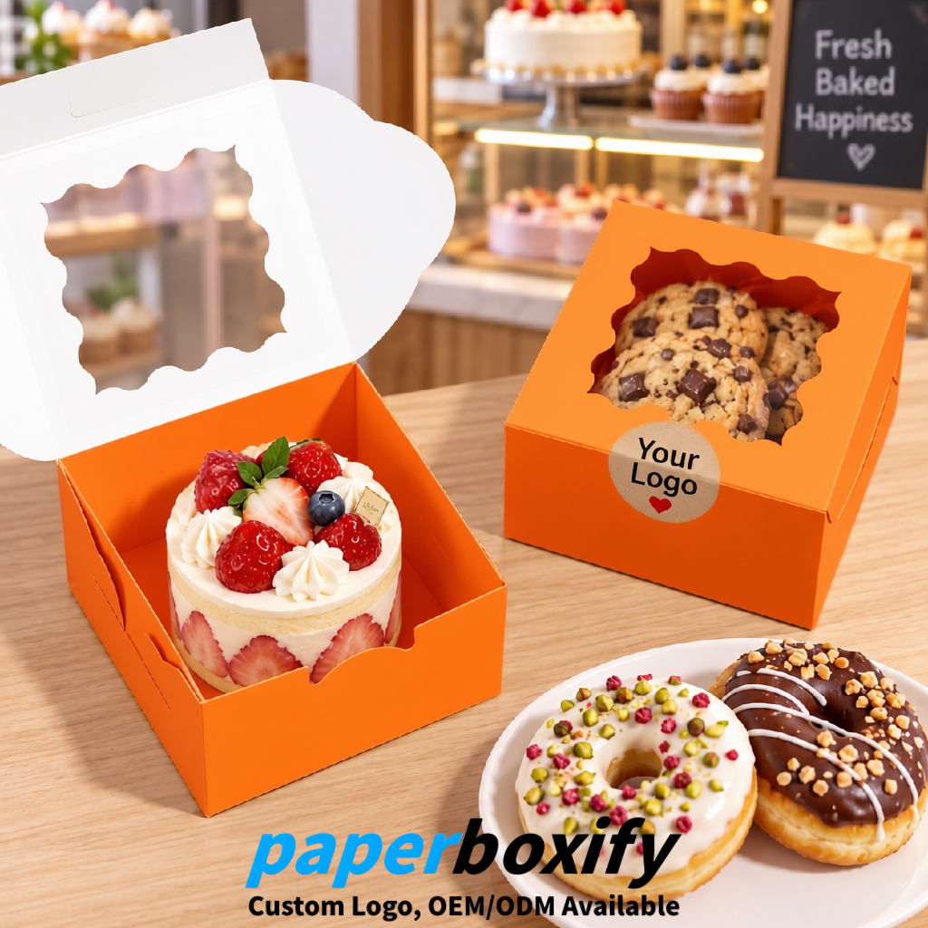 Tangerine Paper Cookie Boxes with Window and Stickers 4x4x2.5 inch