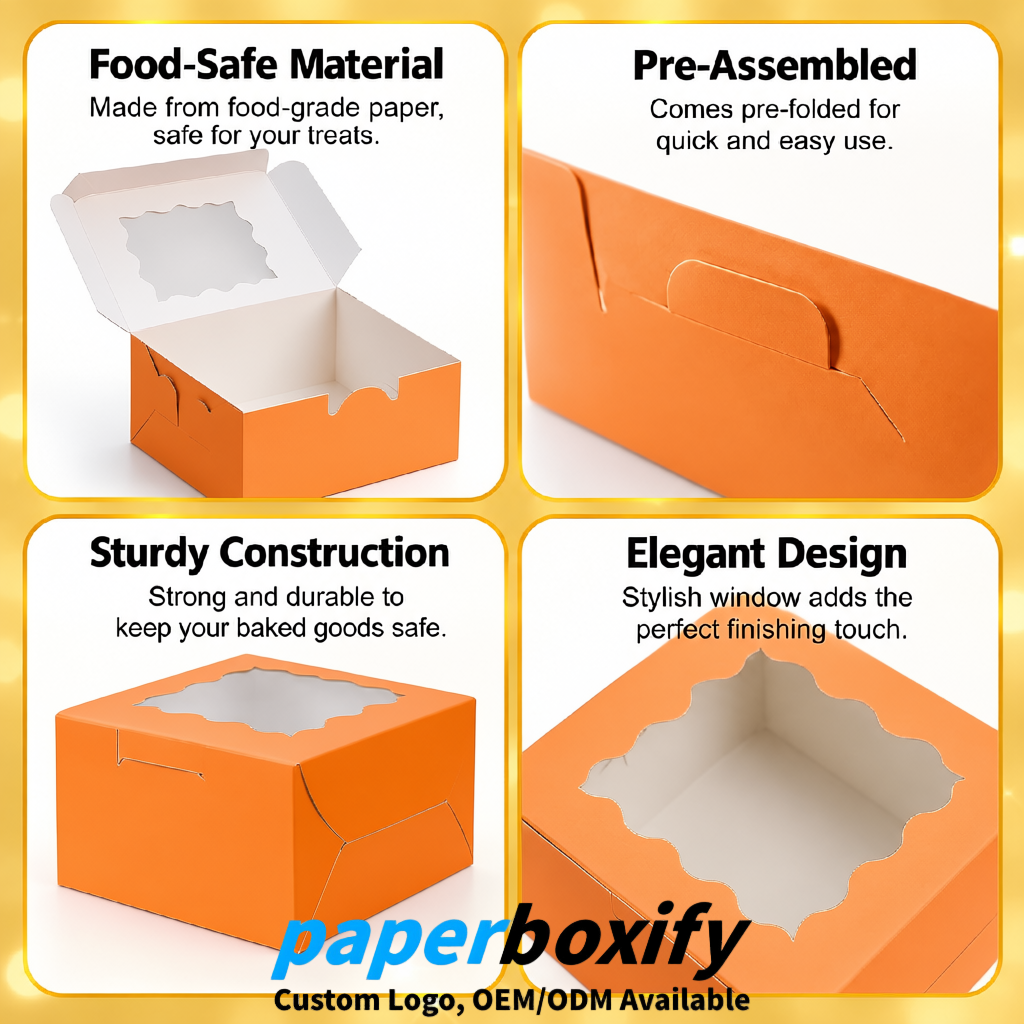 Tangerine Paper Cookie Boxes with Window and Stickers 4x4x2.5 inch