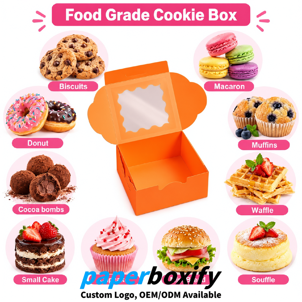 Tangerine Paper Cookie Boxes with Window and Stickers 4x4x2.5 inch