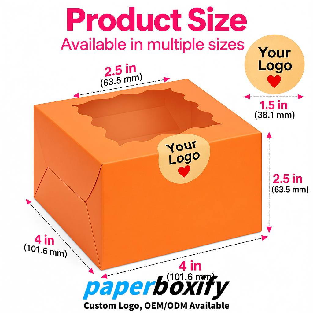 Tangerine Paper Cookie Boxes with Window and Stickers 4x4x2.5 inch
