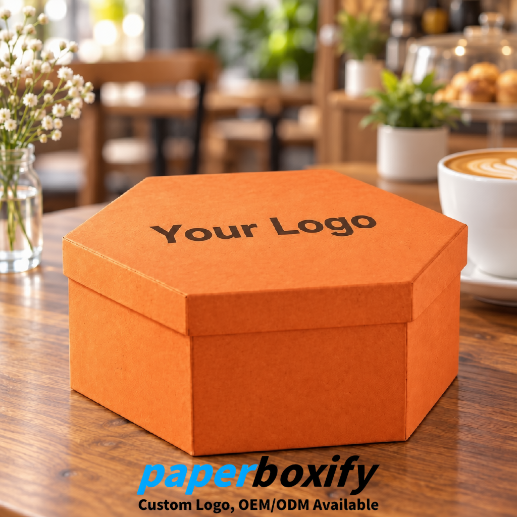 Tangerine Paper Hexagon Box with Lid - Biodegrade Paper Mache Gift Boxes Manufacturer