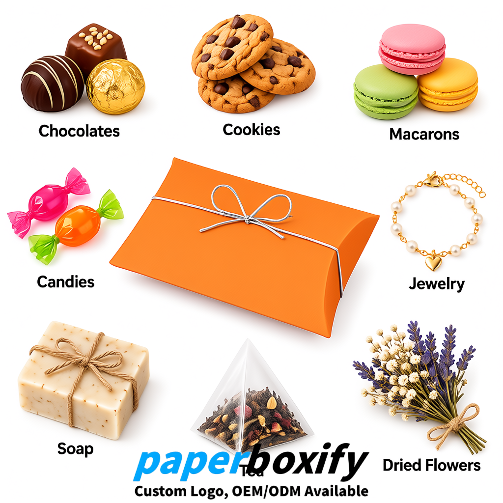 Bulk Tangerine Kraft Pillow Gift Boxes with Ties 4.7x3x1 inch for Candy & Favors