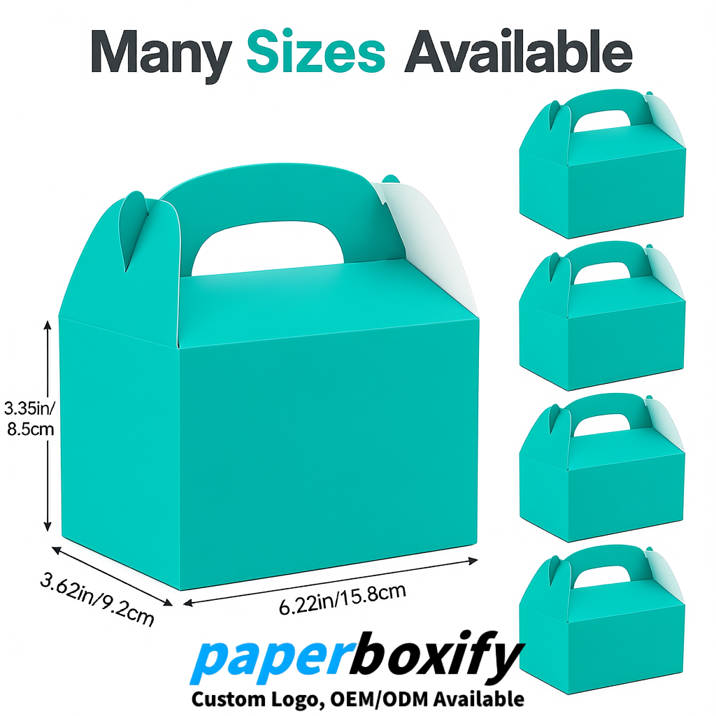 Teal Gable Boxes with Handles 6.22x3.35x3.62 inch Kraft Paper Party Favors Boxes in Bulk
